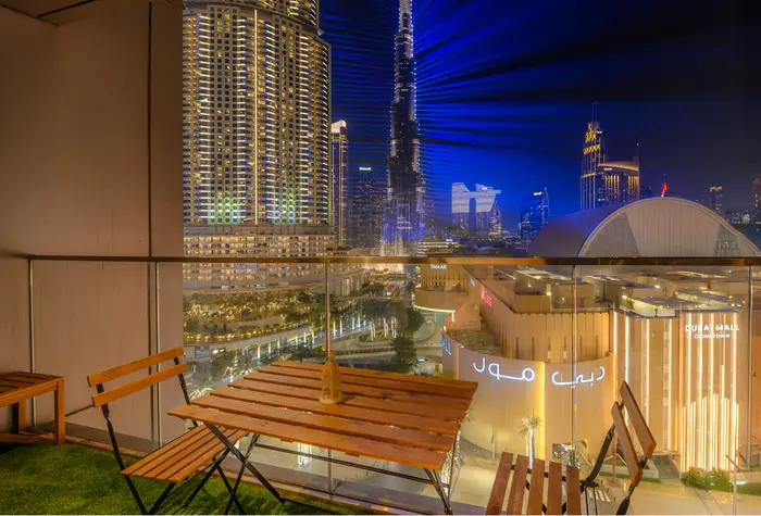 Burj Khalifa laser show seen from the apartment
